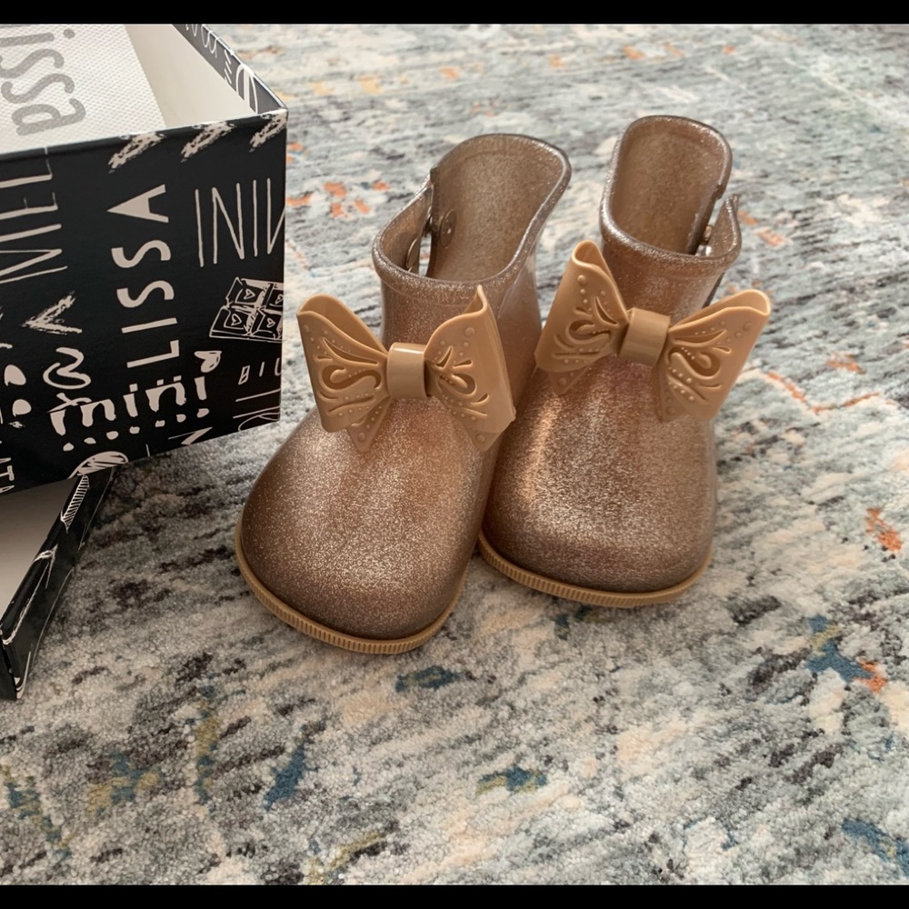 Mini Melissa Gold Glitter Rainboots with butterfly Bow